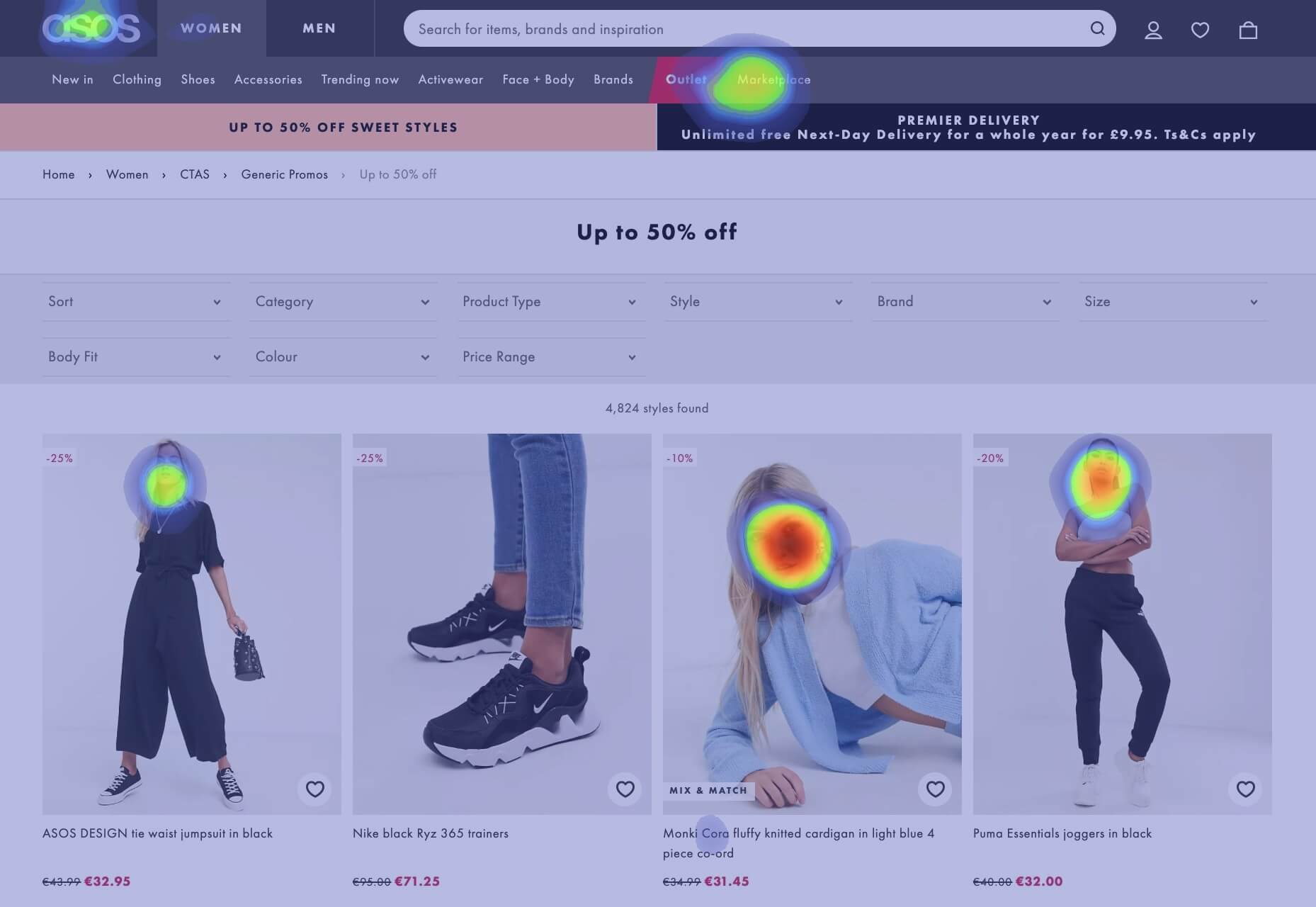 ASOS product listing page with heatmap