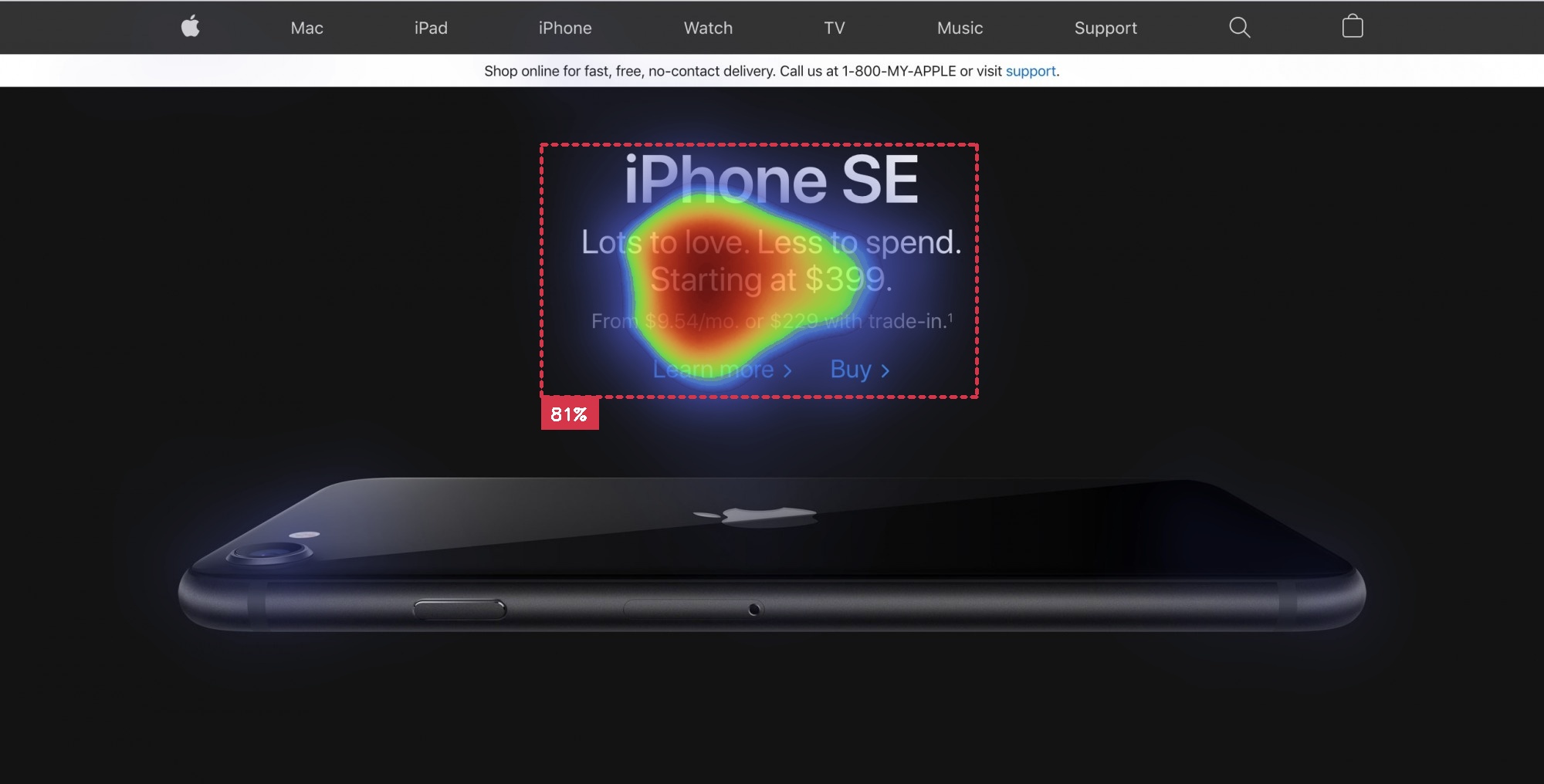 apple landing page with iphone SE and main message with buttons with attention insight heatmap