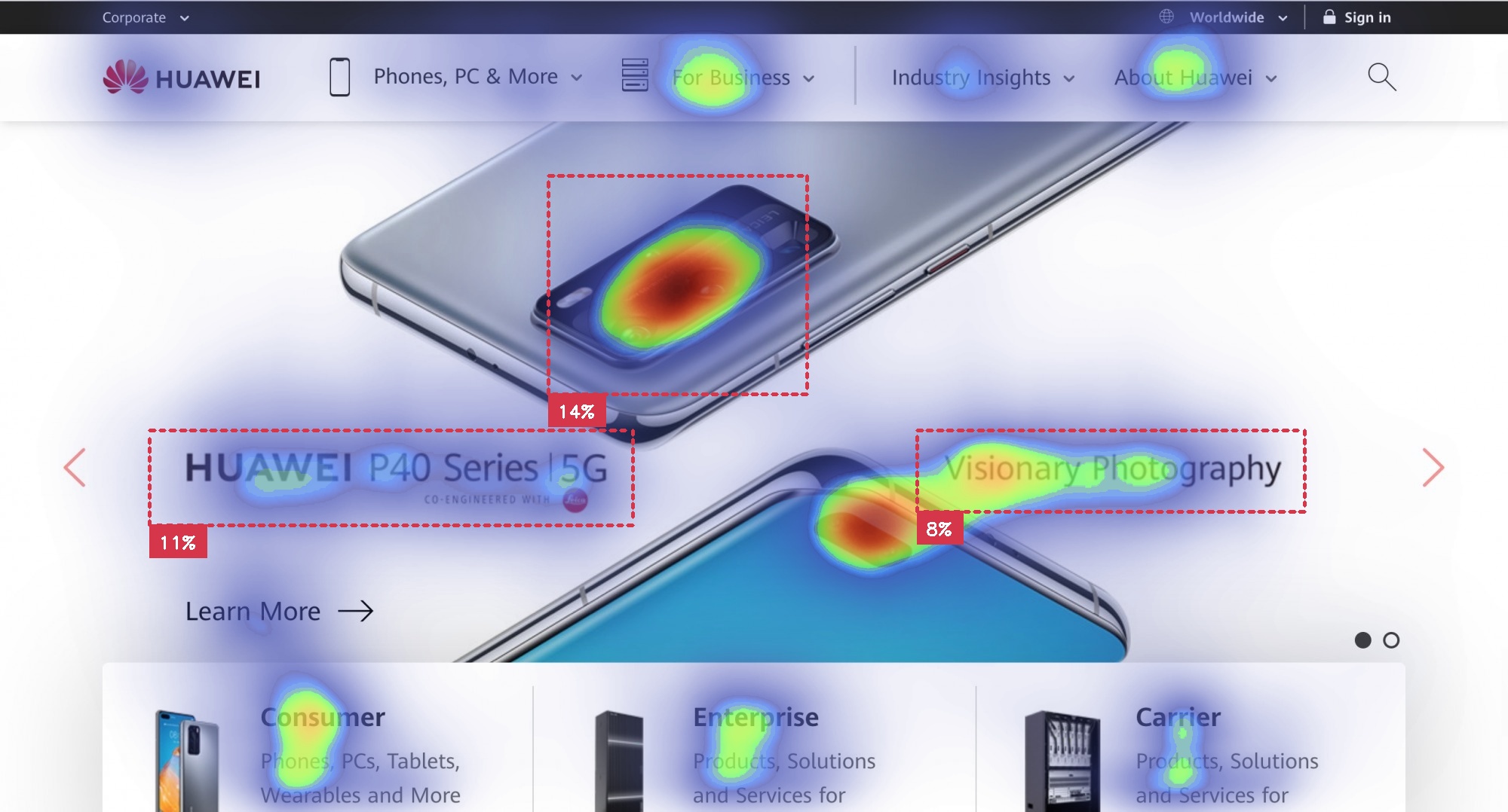 Huawei landing page with P40 Series and main message with buttons with attention insight heatmap