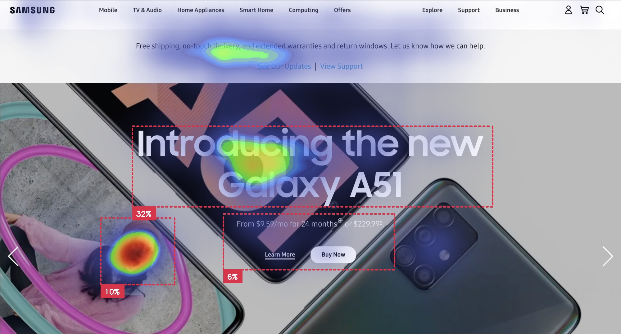 Samsung landing page with Galaxy A51 and main message with buttons with attention insight heatmap