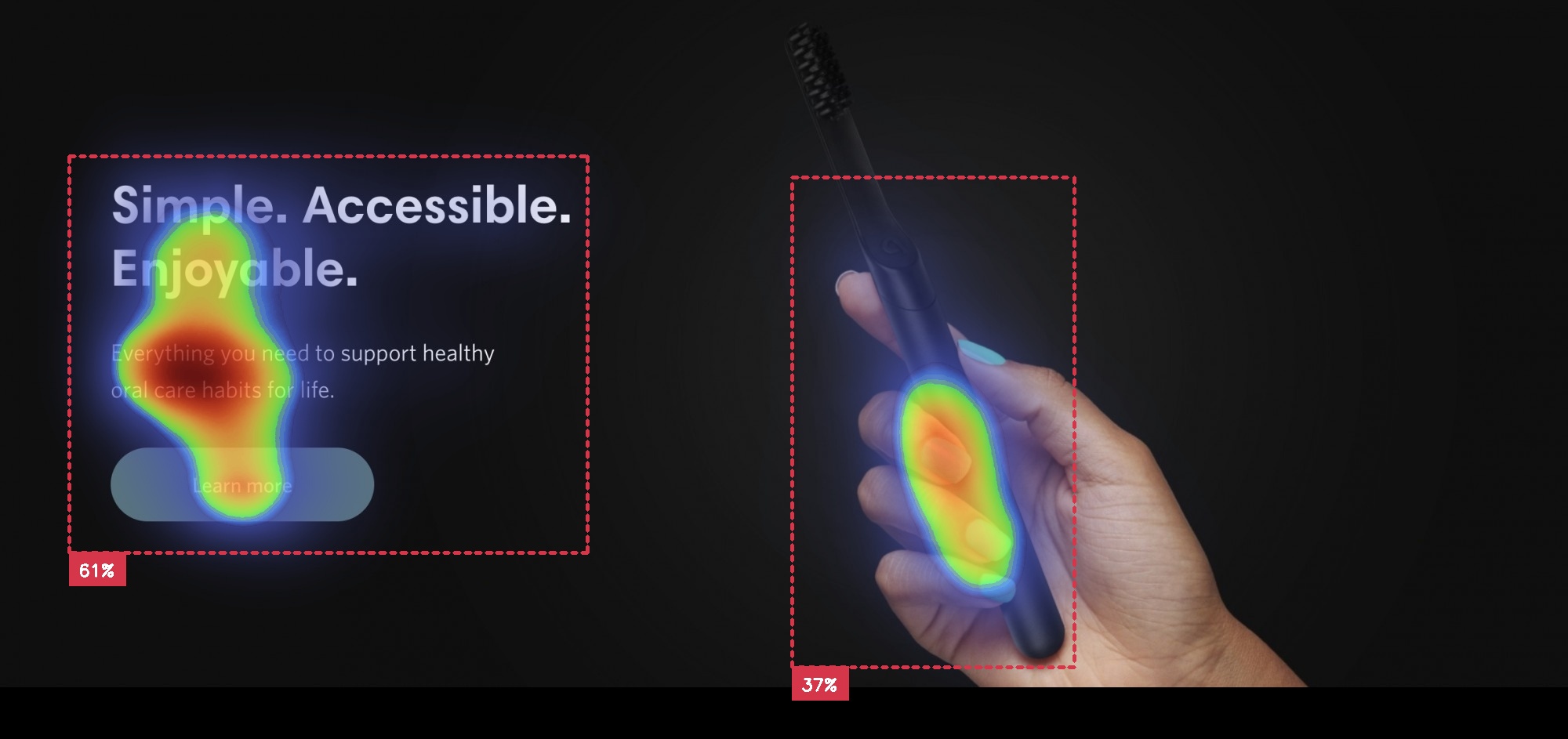 toothbrush in a hand with heading and button lots of black space with attention insight heatmap