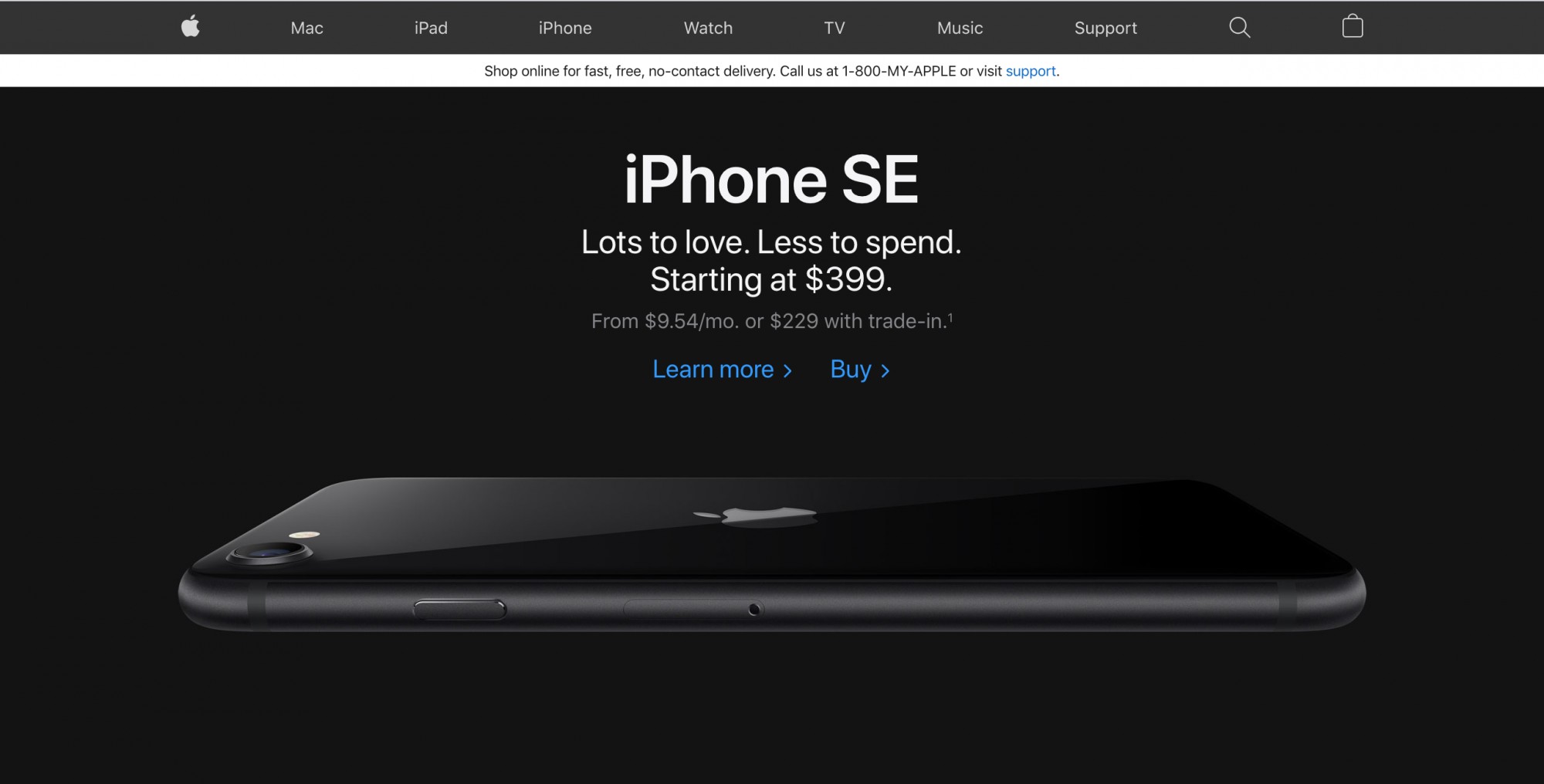 apple landing page with iphone SE and main message with buttons