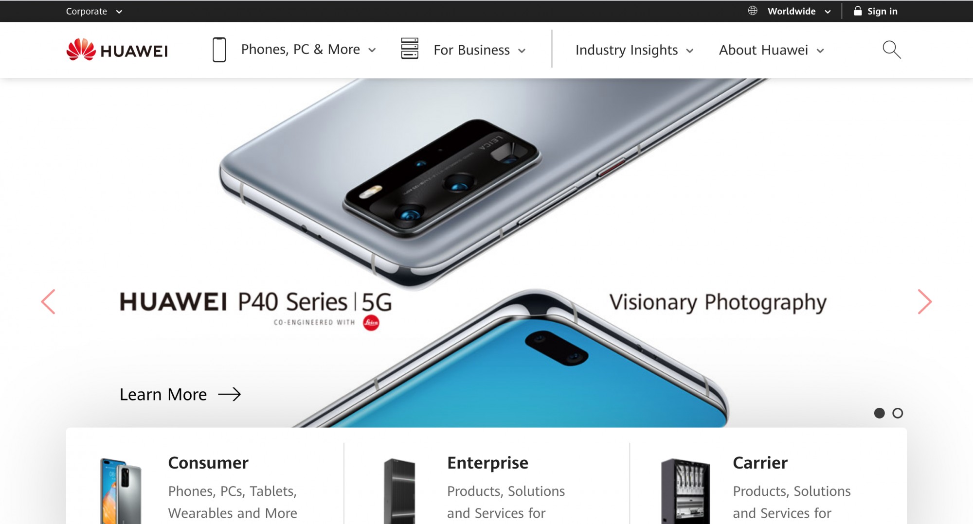 Huawei landing page with P40 Series and main message with buttons