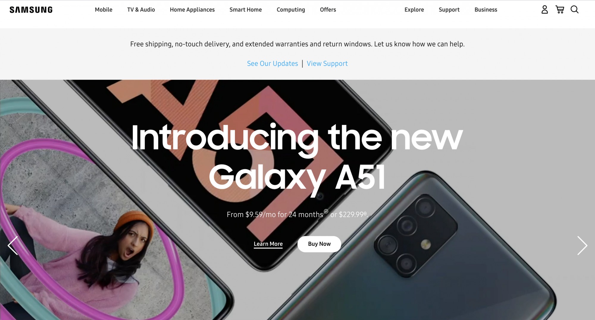 Samsung landing page with Galaxy A51 and main message with buttons