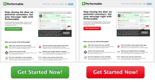 two screens of the same webpage with different color CTA buttons