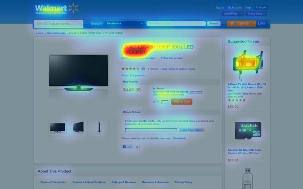 Attention Insight alternative Eyequant website heatmap analysis of Walmart product description page