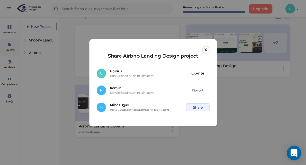 Project Share module in Attention Insight platform