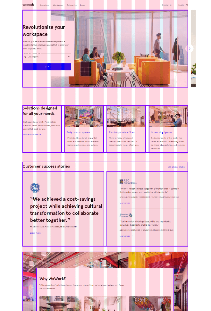 WeWork's homepage with grid