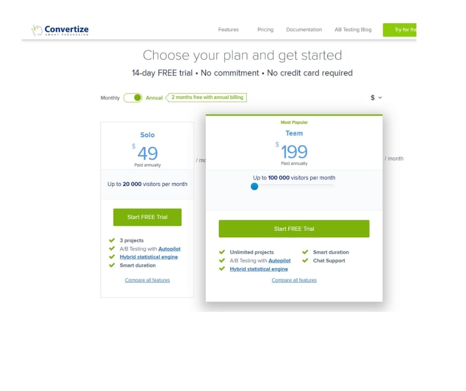 Screenshot of Convertize pricing page