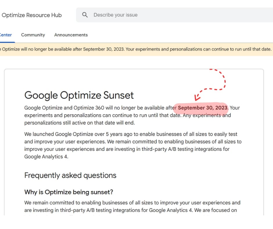 Screenshot of Google's statement about sunsetting Google Optimize