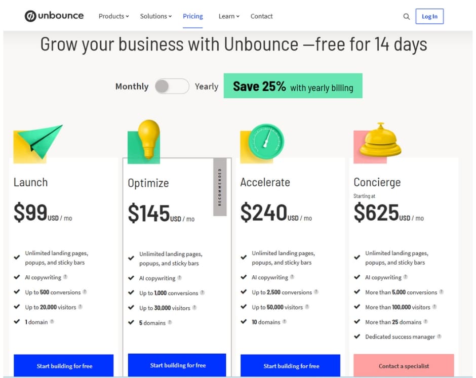 Screenshot of Unbounce pricing page
