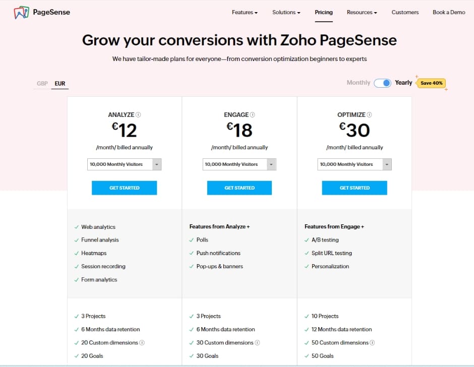 Screenshot of Zoho PageSense pricing page