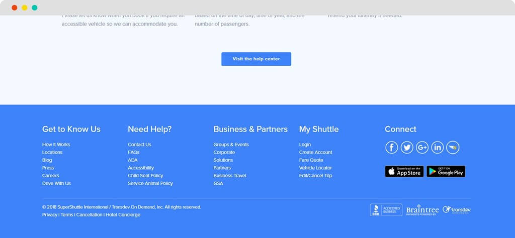 Screenshot of the initial SuperShuttle website footer design