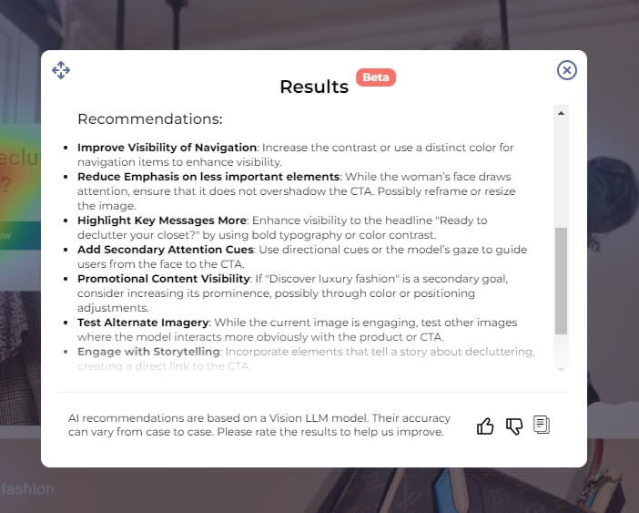 And example of AI recommendations results