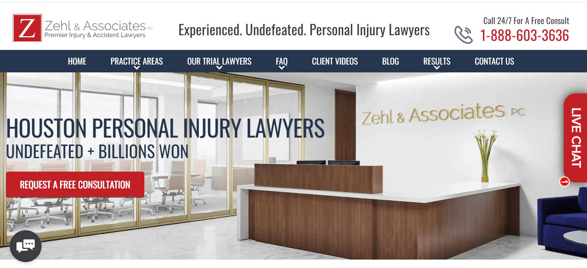 Zehl & Associates’ site is clean and easy to navigate, with CTAs directing viewers to book consultations, enter a live chat, or read more about legal services.