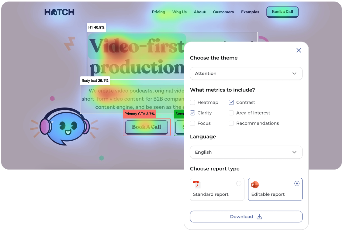 Attention heatmap of a video-production landing page with Attention Insight report dialog exporting PDF or editable PPT