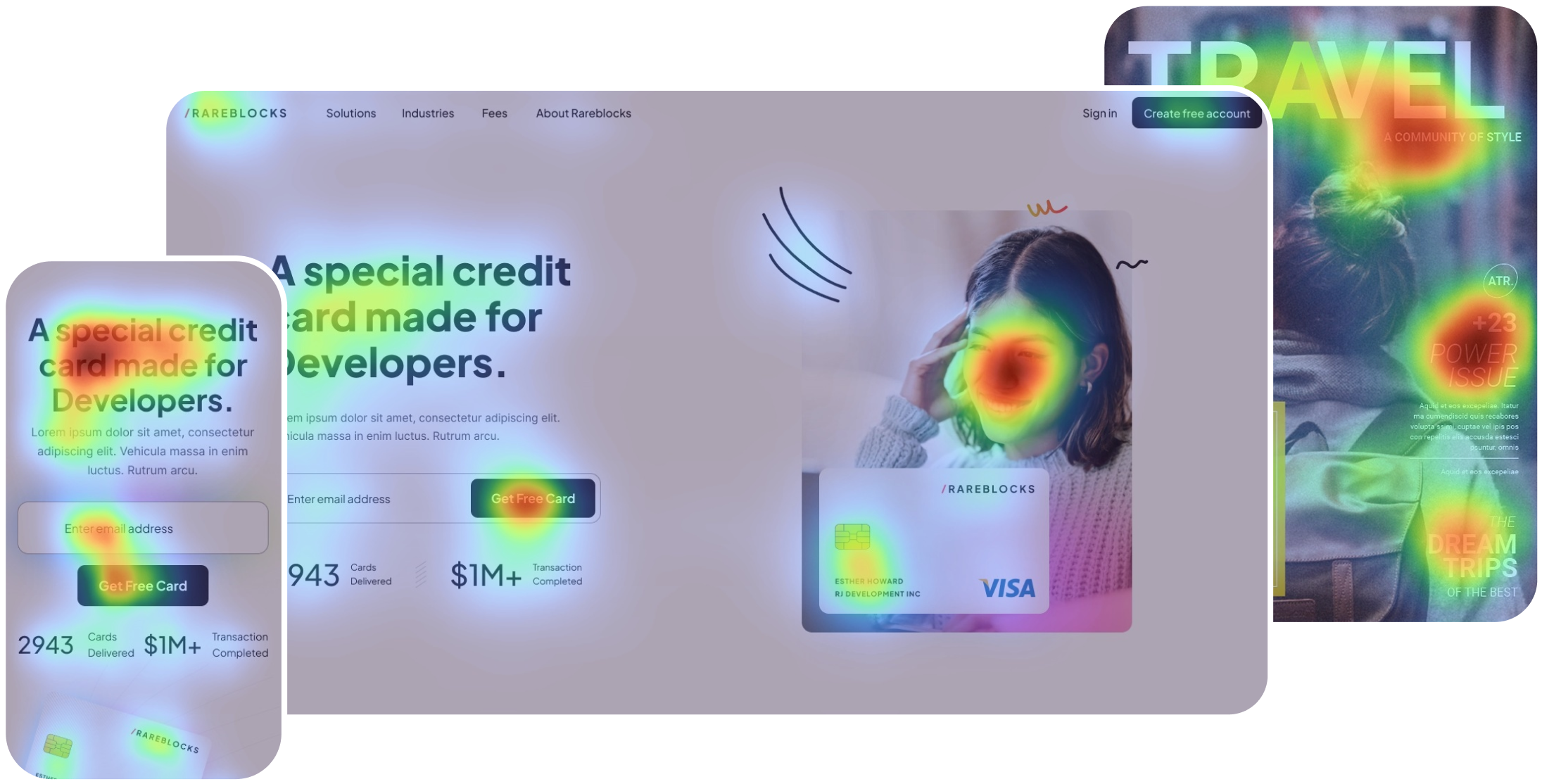 AI attention heatmaps overlaid on a credit card landing page (desktop and mobile) and a travel magazine cover