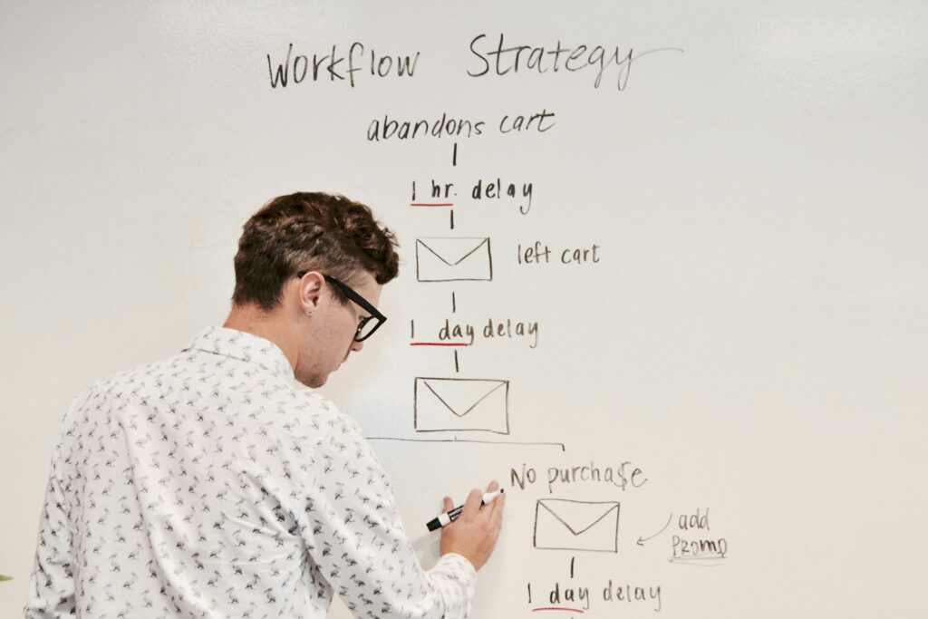 A man drawing an email workflow strategy on a whiteboard.