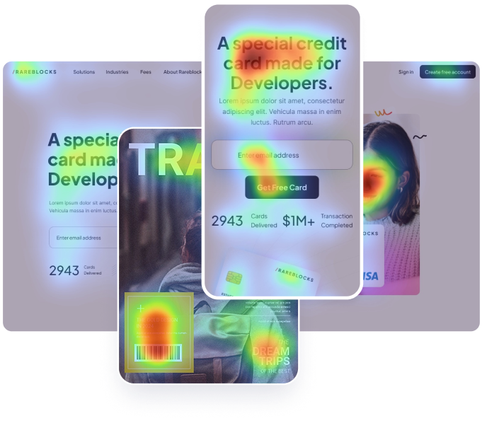 Mobile-first attention heatmap analysis of a credit card landing page and a travel magazine layout with an area-of-interest highlight